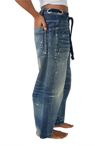 Shop Free People We The Free Moxie Barrel Paint Splatter Jeans In Timeless Blue