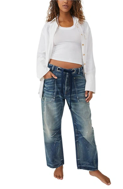 Free People We The Free Moxie Barrel Paint Splatter Jeans In Timeless Blue