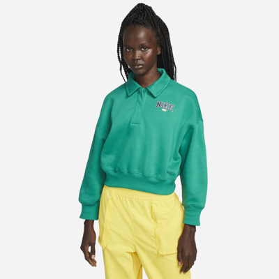 Shop Nike Women's  Sportswear Phoenix Fleece 3/4-sleeve Crop Polo Sweatshirt In Green