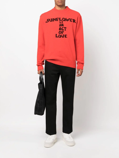 Shop Sunflower Embroidered-slogan Crew Neck Sweater In Rot