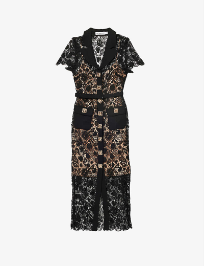 Shop Self-portrait Magnolia Collared Lace Midi Dress In Black
