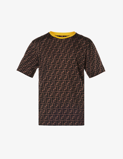 Shop Fendi Monogram-print Contrast-trim Cotton-jersey T-shirt In Tabacco/black