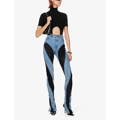 Shop Mugler Women's Medium Blue Black Panelled Straight-leg High-rise Stretch-denim Jeans