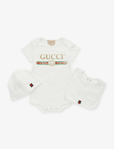 Shop Gucci Vintage-print Three-piece Cotton Set 9-12 Months In White