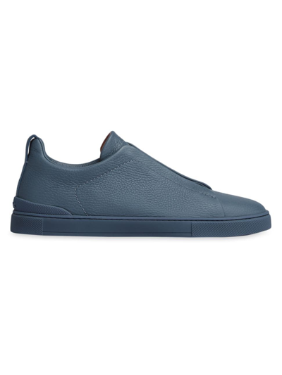 Shop Zegna Men's Triple Stitch Leather Low-top Sneakers In Avio Blue