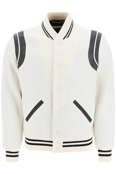 Shop Saint Laurent Wool And Leather Teddy Bomber Jacket In White,black