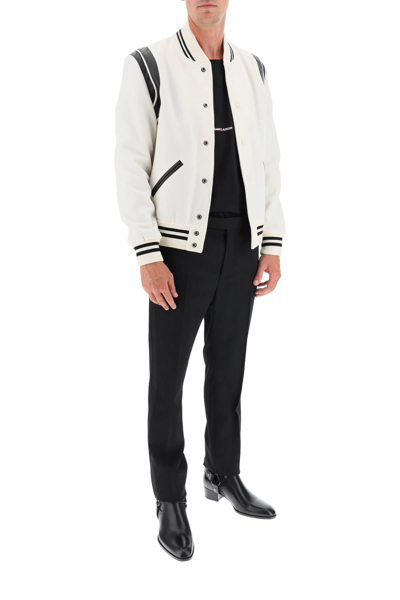 Shop Saint Laurent Wool And Leather Teddy Bomber Jacket In White,black