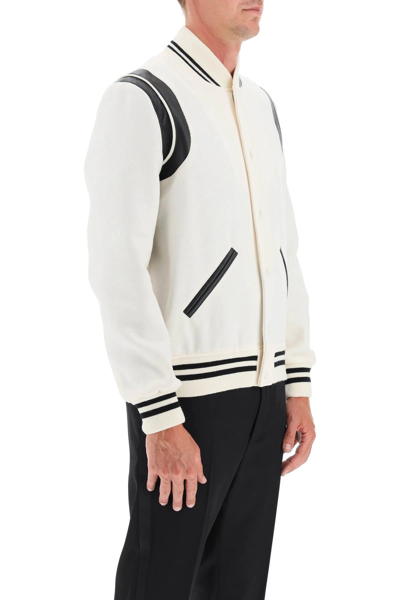 Shop Saint Laurent Wool And Leather Teddy Bomber Jacket In White,black