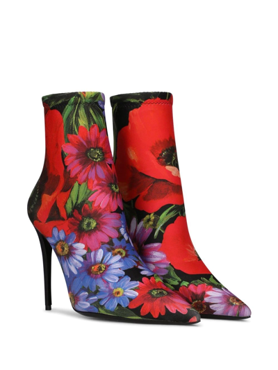 Shop Dolce & Gabbana Floral-print 105mm Ankle Boots In Red