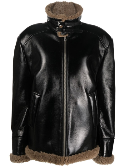 Shop Prada Leather Shearling Jacket In Nero