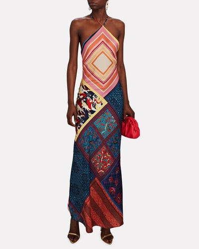 Shop Staud Cubism Patchwork Silk-twill Maxi Dress In Multi