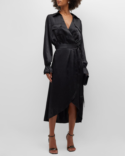 Shop Ramy Brook Laney Satin Wrap Midi Dress In Black