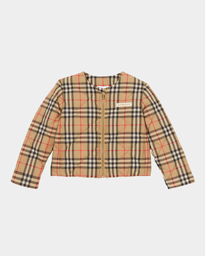 Shop Burberry Girl's Abigail Quilted Check-print Cropped Jacket In Archive Beige Ip