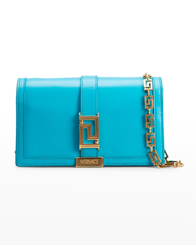 Shop Versace Greca Goddess Leather Wallet On Chain In Teal/gold