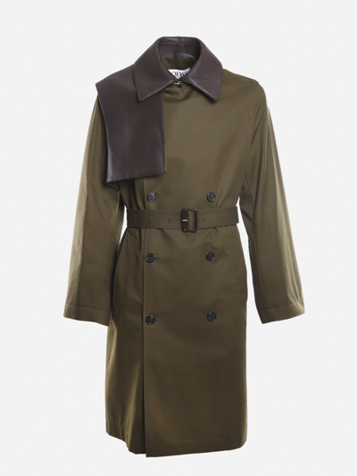 Shop Loewe Double-breasted Cotton Trench Coat With Leather Insert In Green