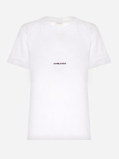 Shop Saint Laurent White Cotton Basic T-shirt With Logo
