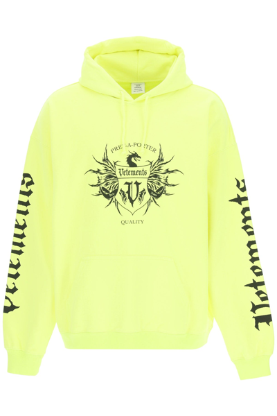 Shop Vetements Black Label Print Hoodie In Neon Yellow Black (yellow)