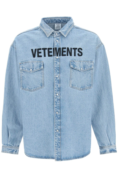 Shop Vetements Oversized Denim Shirt With Logo In Light Blue (blue)