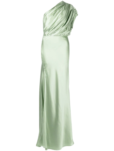 Shop Michelle Mason Side-slit One-shoulder Gown In Green