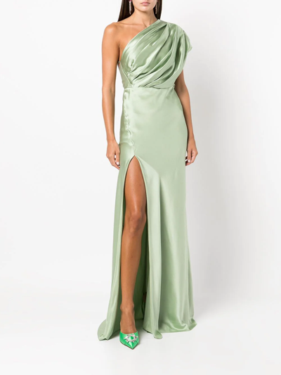 Shop Michelle Mason Side-slit One-shoulder Gown In Green