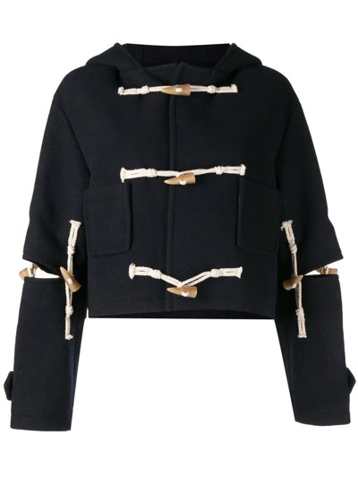 Shop Rokh Cut-out Hooded Duffle Jacket In Blue