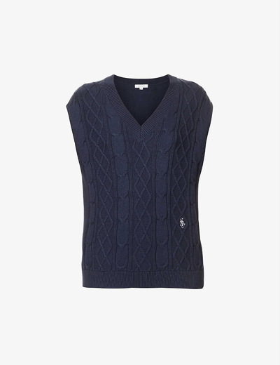Shop Sporty And Rich Logo-embroidered V-neck Cotton-knit Vest In Navy Navy