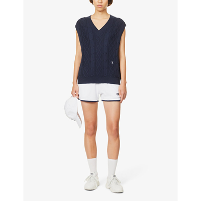 Shop Sporty And Rich Logo-embroidered V-neck Cotton-knit Vest In Navy Navy