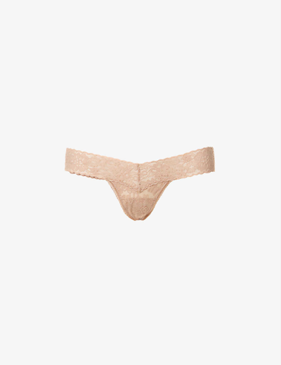 Shop Hanky Panky Daily Lace Mid-rise Stretch-lace Thong In Taupe