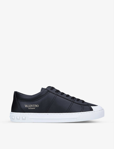 Shop Valentino City Planet Rockstud-embossed Leather Low-top Trainers In White/blk