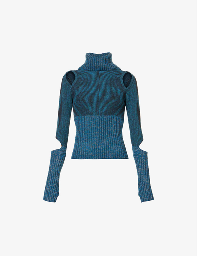 Shop Paolina Russo Illusion Graphic-knit Wool-blend Knitted Top In Azure Charcoal