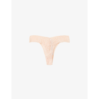 Shop Hanky Panky Daily Lace Mid-rise Stretch-lace Thong In Vanilla
