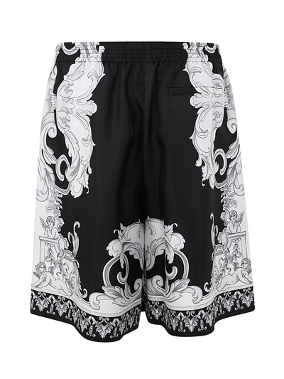 Shop Versace Shorts In Silk With Silver Baroque Print In Black White