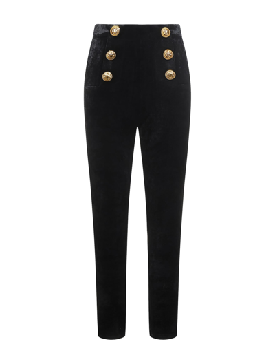 Shop Balmain Hw 6btn Short-hair Velvet Skinny Pants In Pa Noir