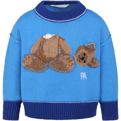 Shop Palm Angels Light-blue Sweater For Boy With Bear Logo In Light Blue