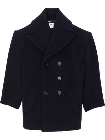 Shop Saint Laurent Double-breasted Wool Coat In Blue