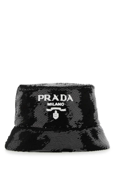 Shop Prada Sequins Logo Bucket Hat In Nero+bianco