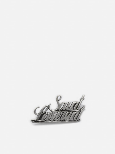 Shop Saint Laurent Brass Brooch With Logo Lettering In Silver