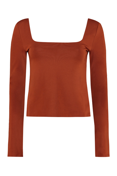 Vince Square Neck Long Sleeve Stretch Cotton Knit Top In Red