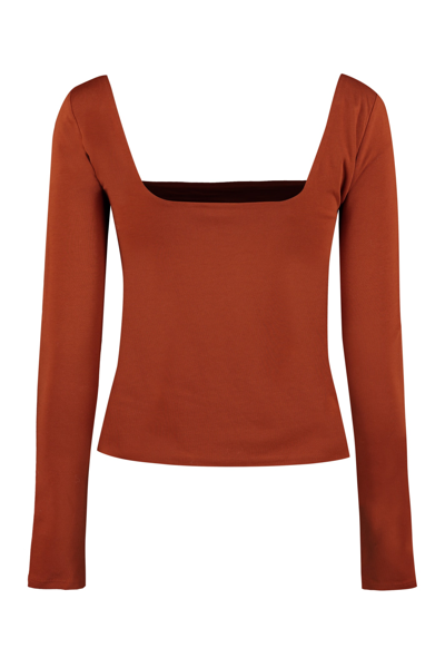 Vince Square Neck Long Sleeve Stretch Cotton Knit Top In Red