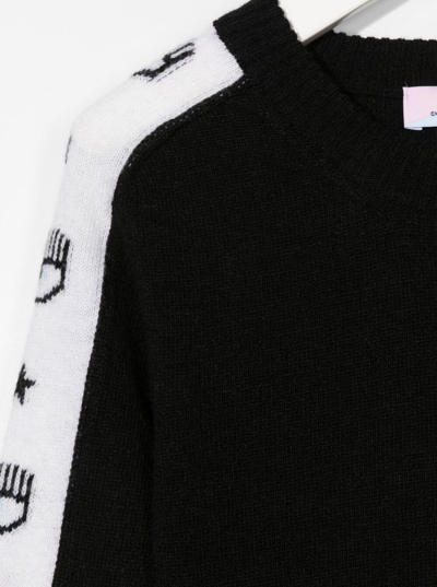 Shop Chiara Ferragni Black Sweater Dress In Wool Blend With White Band With Logo