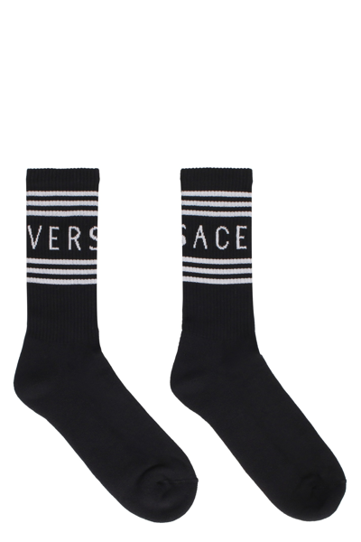 Shop Versace Logo Cotton Blend Socks In Black