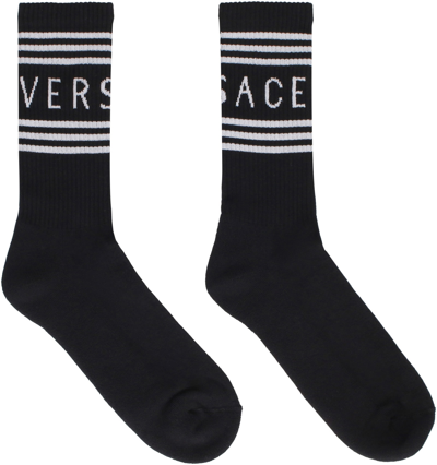 Shop Versace Logo Cotton Blend Socks In Black