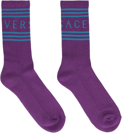 Shop Versace Logo Cotton Blend Socks In Purple