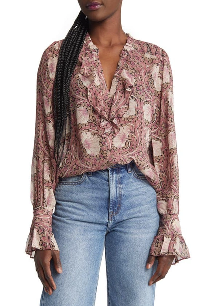 Shop Paige Arianne Print Ruffle Silk Blouse In Pink/ Mauve Multi