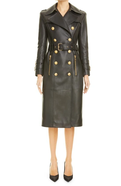 Balmain Black Double-breasted Leather Jacket In 0pa 0pa Noir
