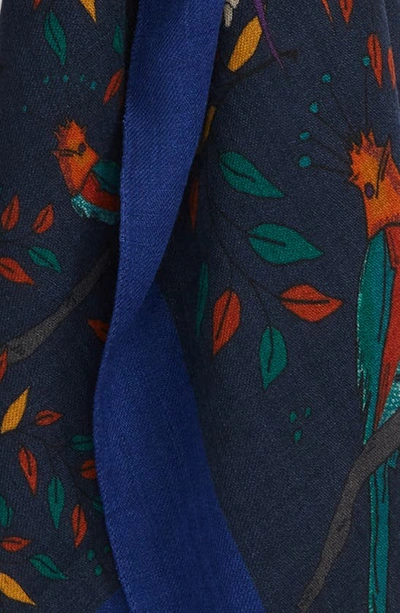 Shop Drake's Bird & Floral Print Wool Scarf In Navy