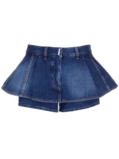 Shop Givenchy Ruffled Denim Shorts In Blu
