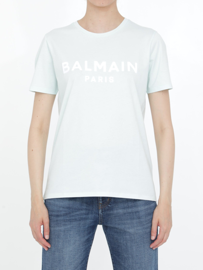 Shop Balmain Light-blue T-shirt With White Logo In Default Title