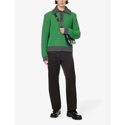 Shop Bottega Veneta Textured Contrast-weave Wool-blend Polo Shirt In Thunder/parakeet