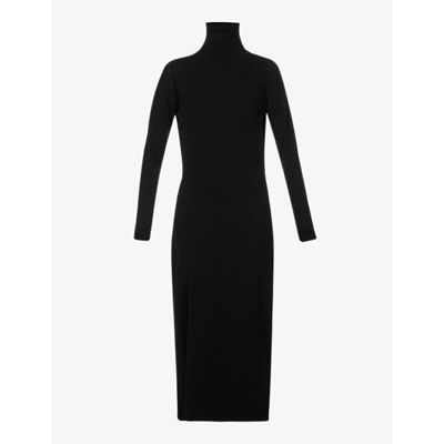 Shop Saint Laurent Women's Noir Turtleneck Side-split Relaxed-fit Cashmere Midi Dress